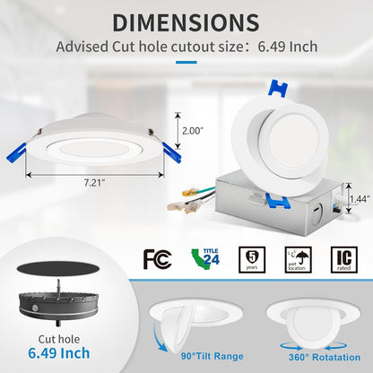 6-Inch Gimbal LED Downlight, 5CCT, 12W, 800LM, Adjustable, CRI 90+, ETL/Energy Star/T24