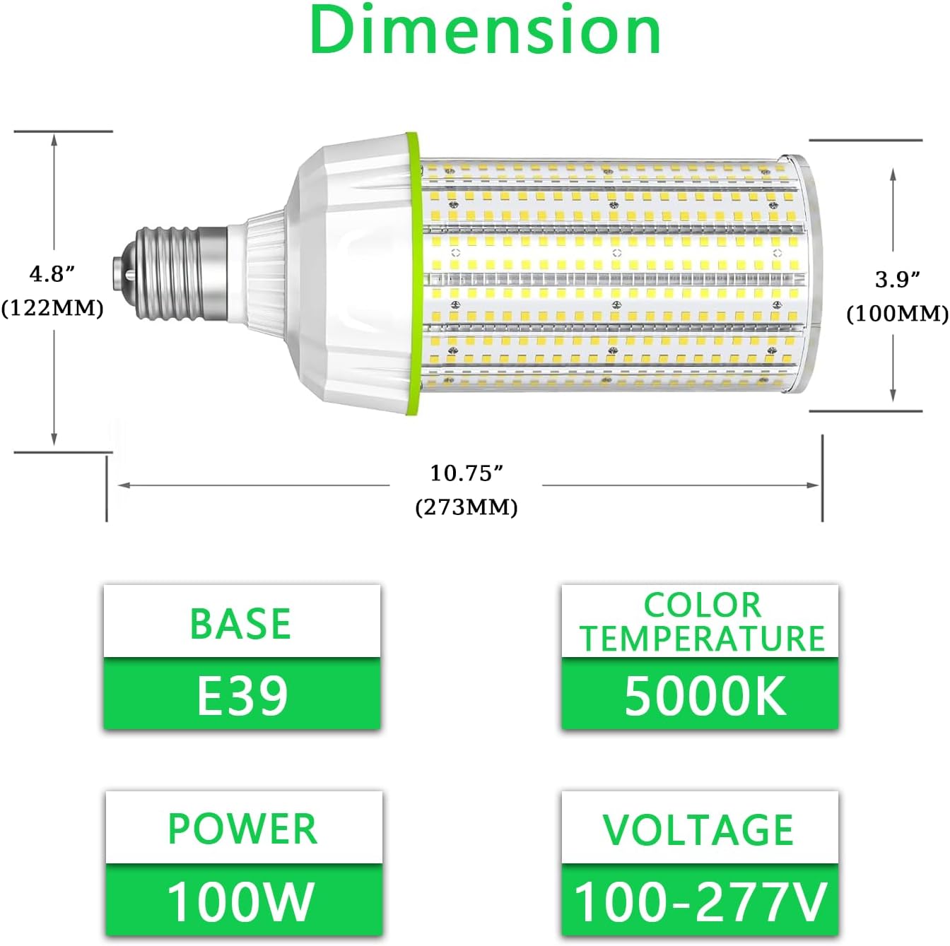 LED Corn Bulb, 100W, 15,500 lumens, 5000K,  E39 Base, 100-277 VAC