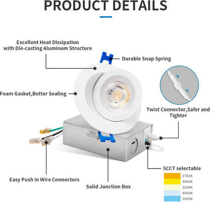 4-Inch Gimbal LED Downlight, 5CCT, 9W, 540LM, ETL/Energy Star/T24