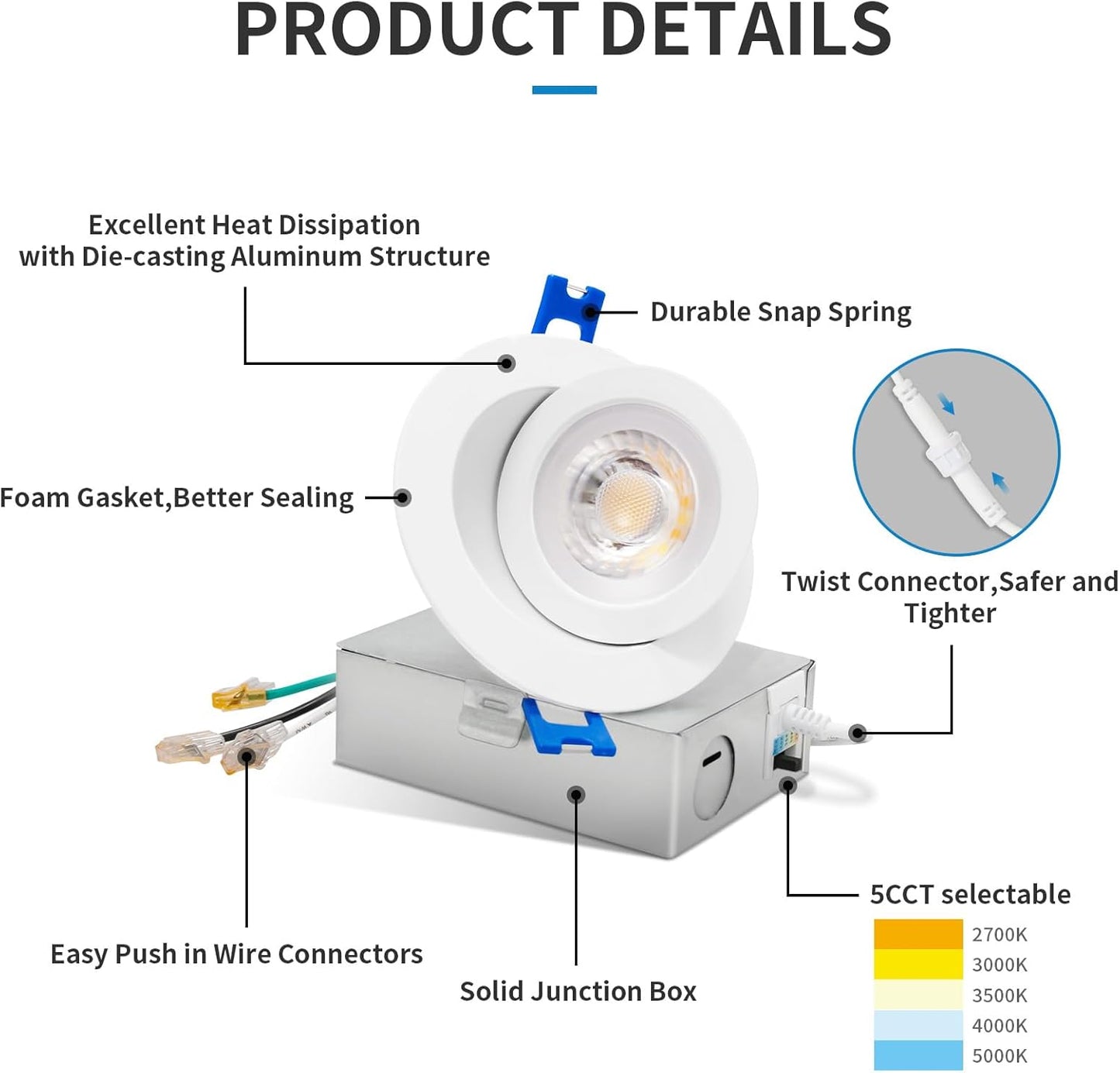 3-Inch Gimbal LED Recessed Downlight, 5CCT, 6W, 345LM, CRI 90+, ETL/Energy Star/T24