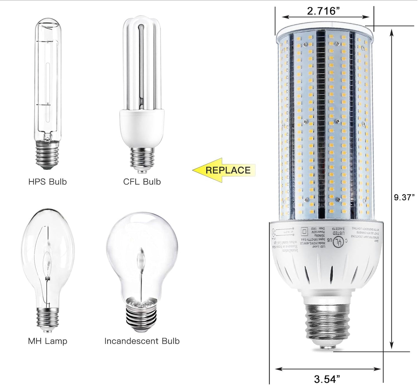 LED Corn Bulb, 60W, 8,100 lumens, 5000K Daylight, E39 Mogul Base, 277-480 VAC