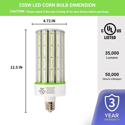 LED Corn Bulb, 250W, 37,500 lumens, 5000K, E39 mogul base, 100-277 VAC