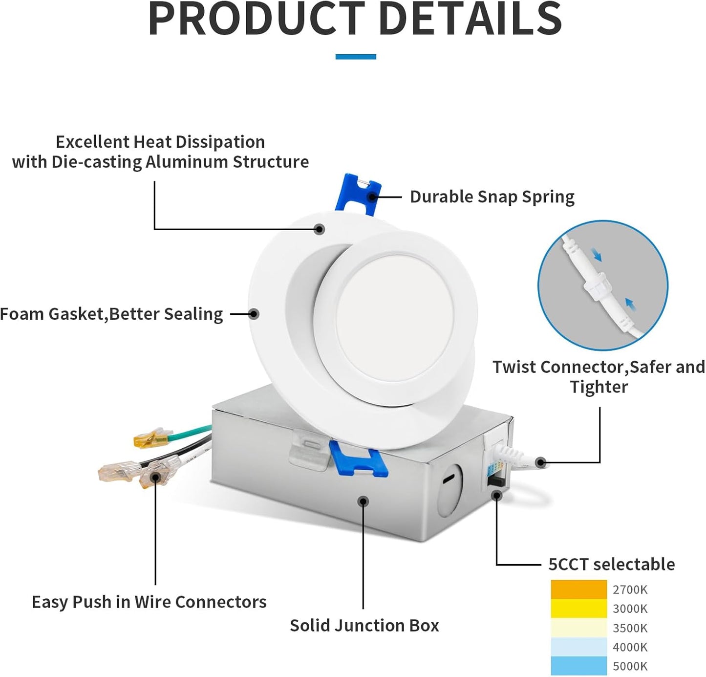 4-Inch Gimbal LED Downlight, 5CCT, 9W, 540LM, Rotatable, CRI 90+, ETL/Energy Star/T24