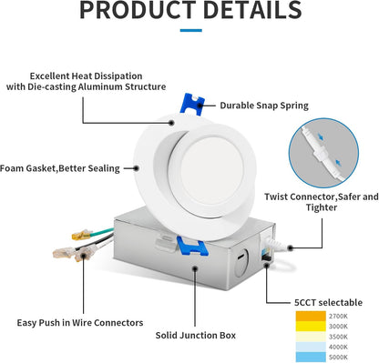 4-Inch Gimbal LED Downlight, 5CCT, 9W, 540LM, Rotatable, CRI 90+, ETL/Energy Star/T24