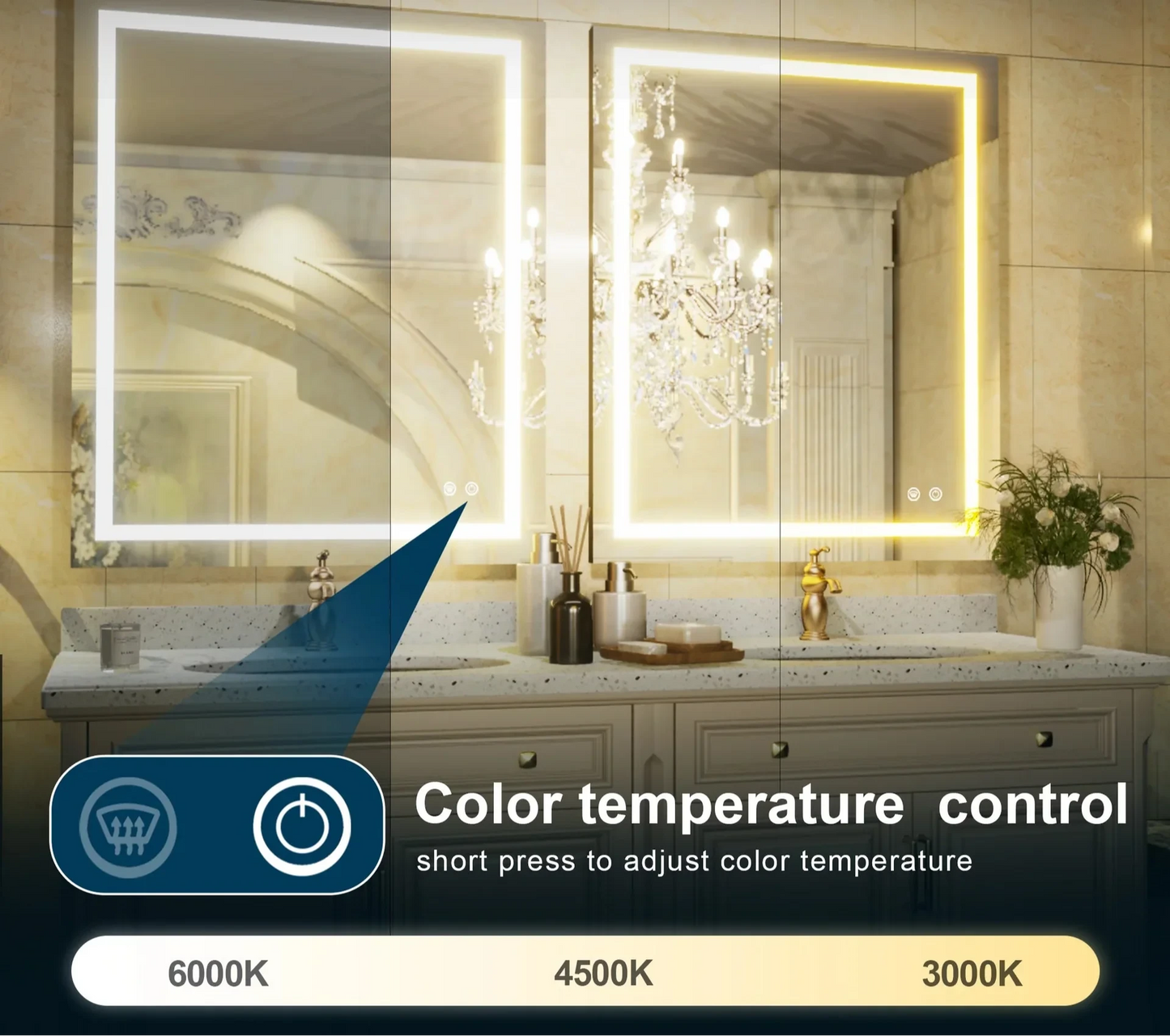 3-Color Dimmable Frontlit LED Bathroom Mirror – ETL Certified - Anti-Fog - Wall-Mounted Vanity