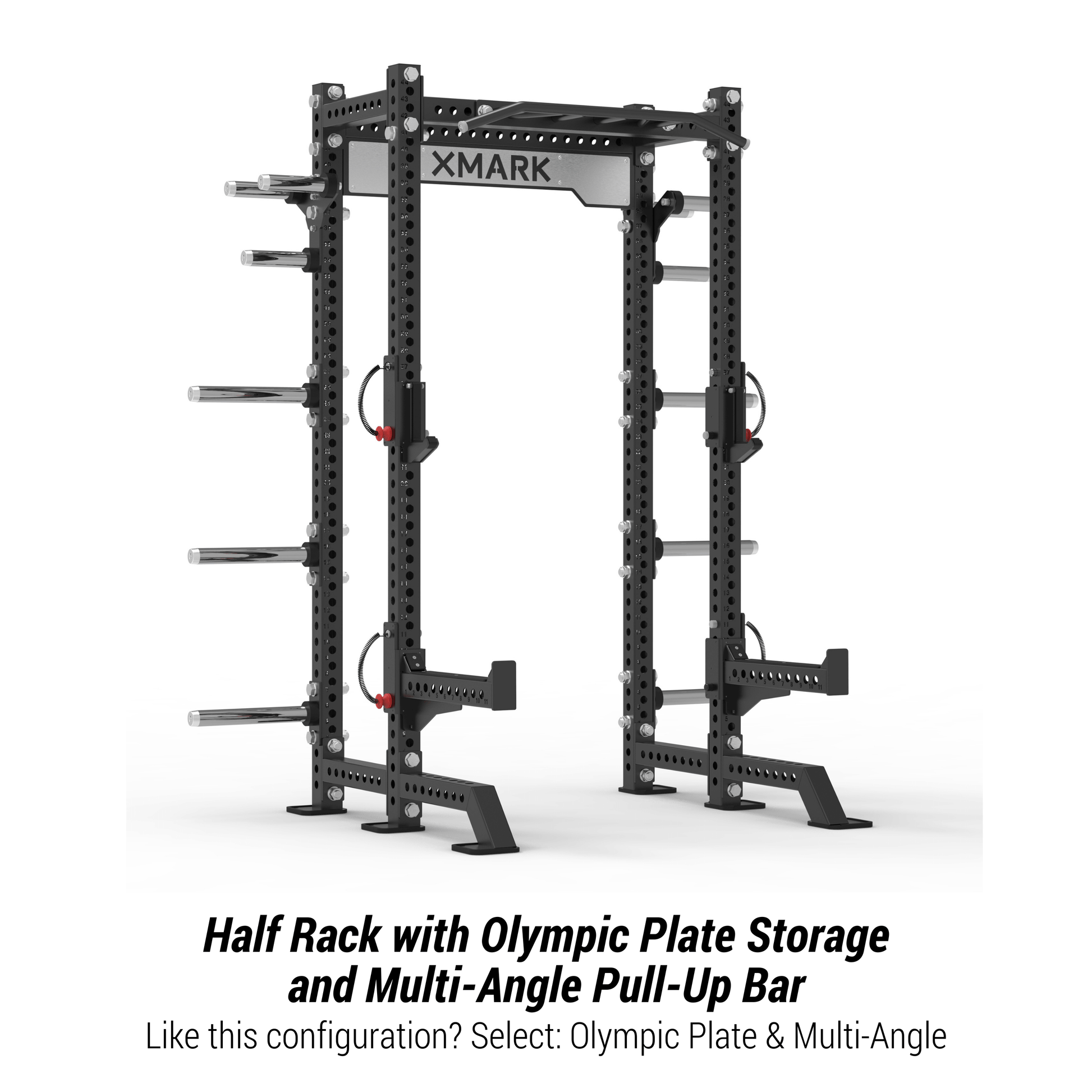 XMARK Viper Half Power Rack with Olympic plate storage and multi-angle pull-up bar for versatile home workouts.