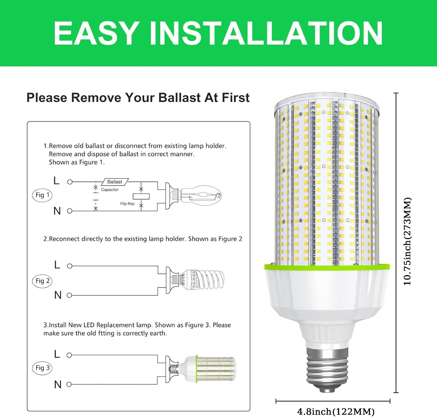 LED Corn Bulb, 100W, 15,000 lumens, 5000K, E39 Base, 277-480 VAC, 480 VAC HID Replacement