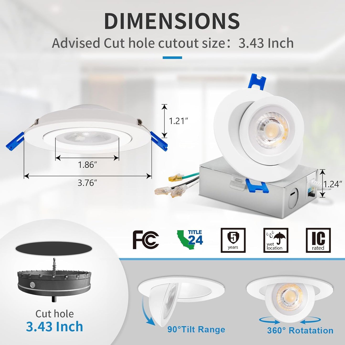 4-Inch Gimbal LED Downlight, 5CCT, 9W, 540LM, ETL/Energy Star/T24
