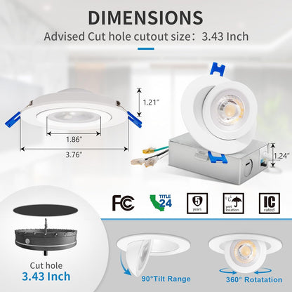 3-Inch Gimbal LED Recessed Downlight, 5CCT, 6W, 345LM, CRI 90+, ETL/Energy Star/T24