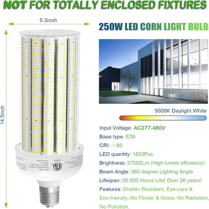 LED Corn Bulb, 250W, 37,500 lumens, 5000K, E39 Mogul Base, 277-480 VAC