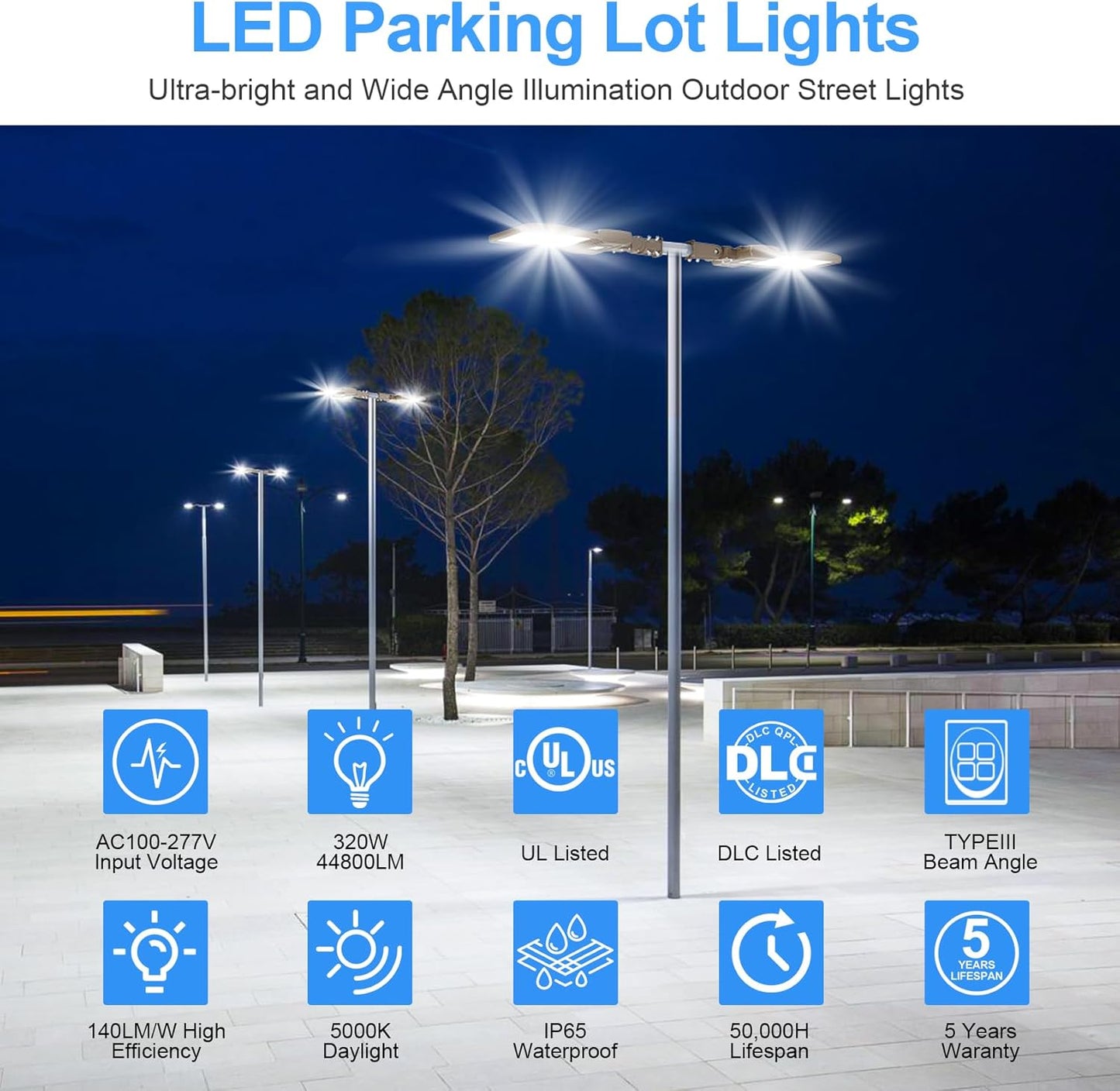 LED Parking Lot Light with Built-in Photocell & Slip Fitter, Selectable 320W/240W/200W, 5000K, 44,800 Lumens