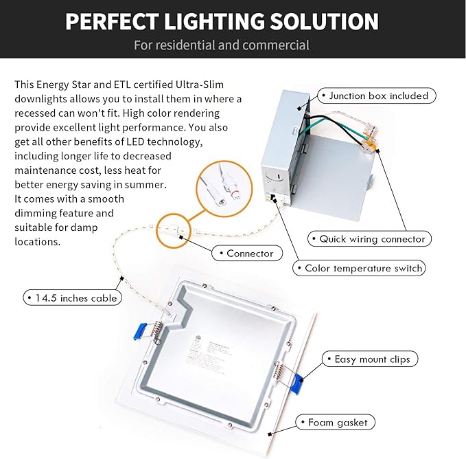 6-Inch Square Ultra-Slim LED Downlight, 5CCT, 15W, 1100LM, Dimmable, Baffle Trim, ETL/Energy Star/T24