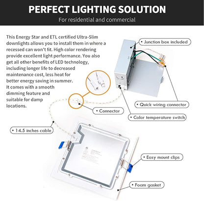 6-Inch Square Ultra-Slim LED Downlight, 5CCT, 15W, 1100LM, Dimmable, Baffle Trim, ETL/Energy Star/T24