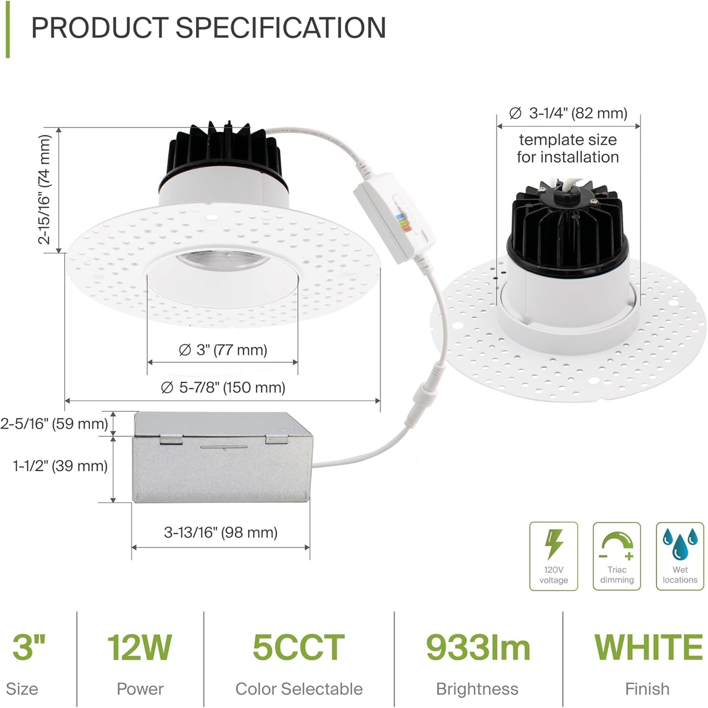 3 Inch LED Downlight, 15W, Selectable CCT, 900 Lumens, 120 VAC