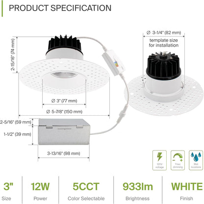 3 Inch LED Downlight, 15W, Selectable CCT, 900 Lumens, 120 VAC