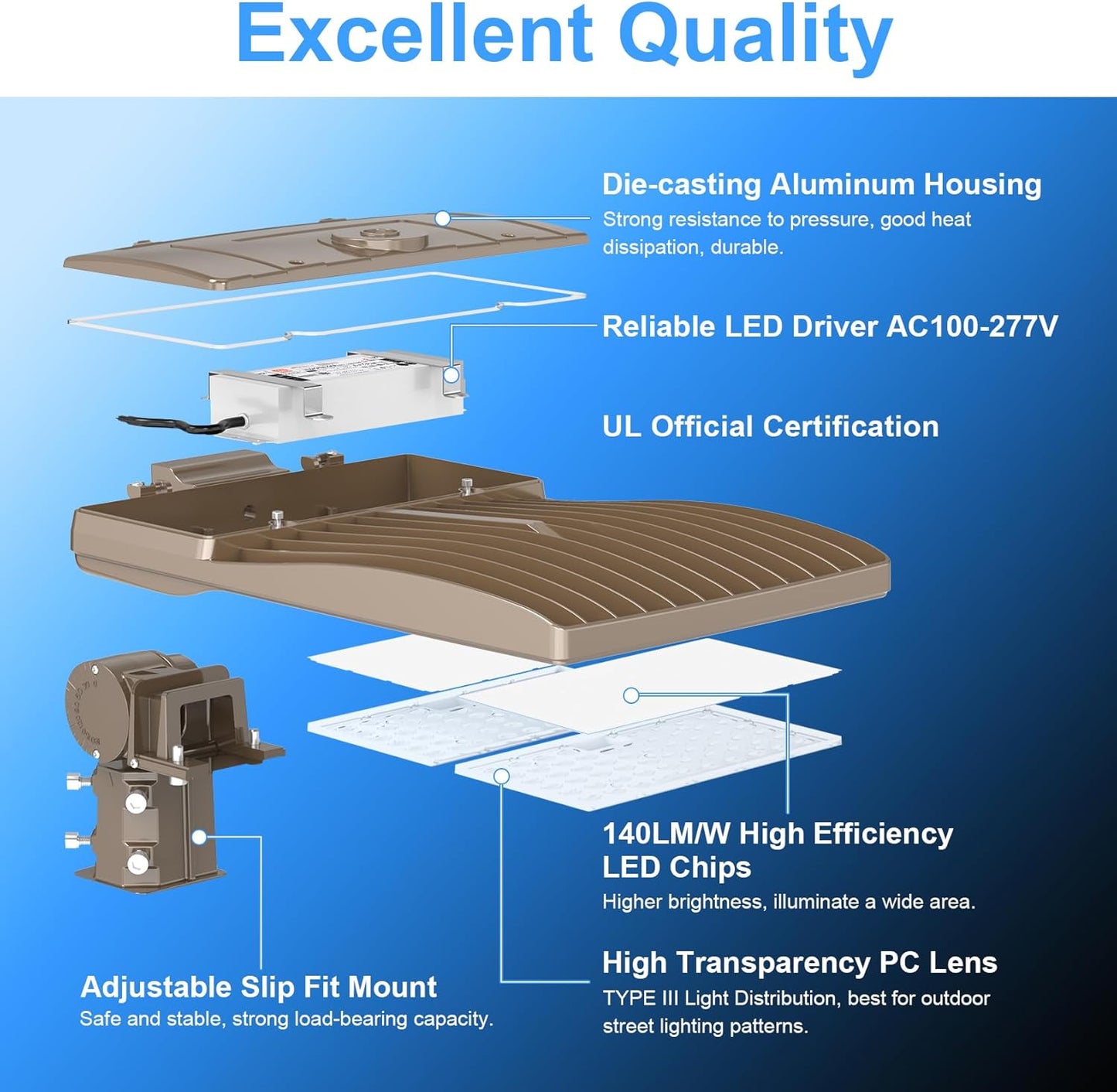 LED Parking Lot Light with Built-in Photocell & Slip Fitter, Selectable 320W/240W/200W, 5000K, 44,800 Lumens
