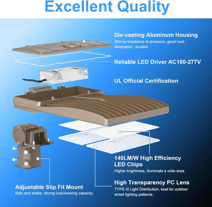 LED Parking Lot Light with Built-in Photocell & Slip Fitter, Selectable 320W/240W/200W, 5000K, 44,800 Lumens