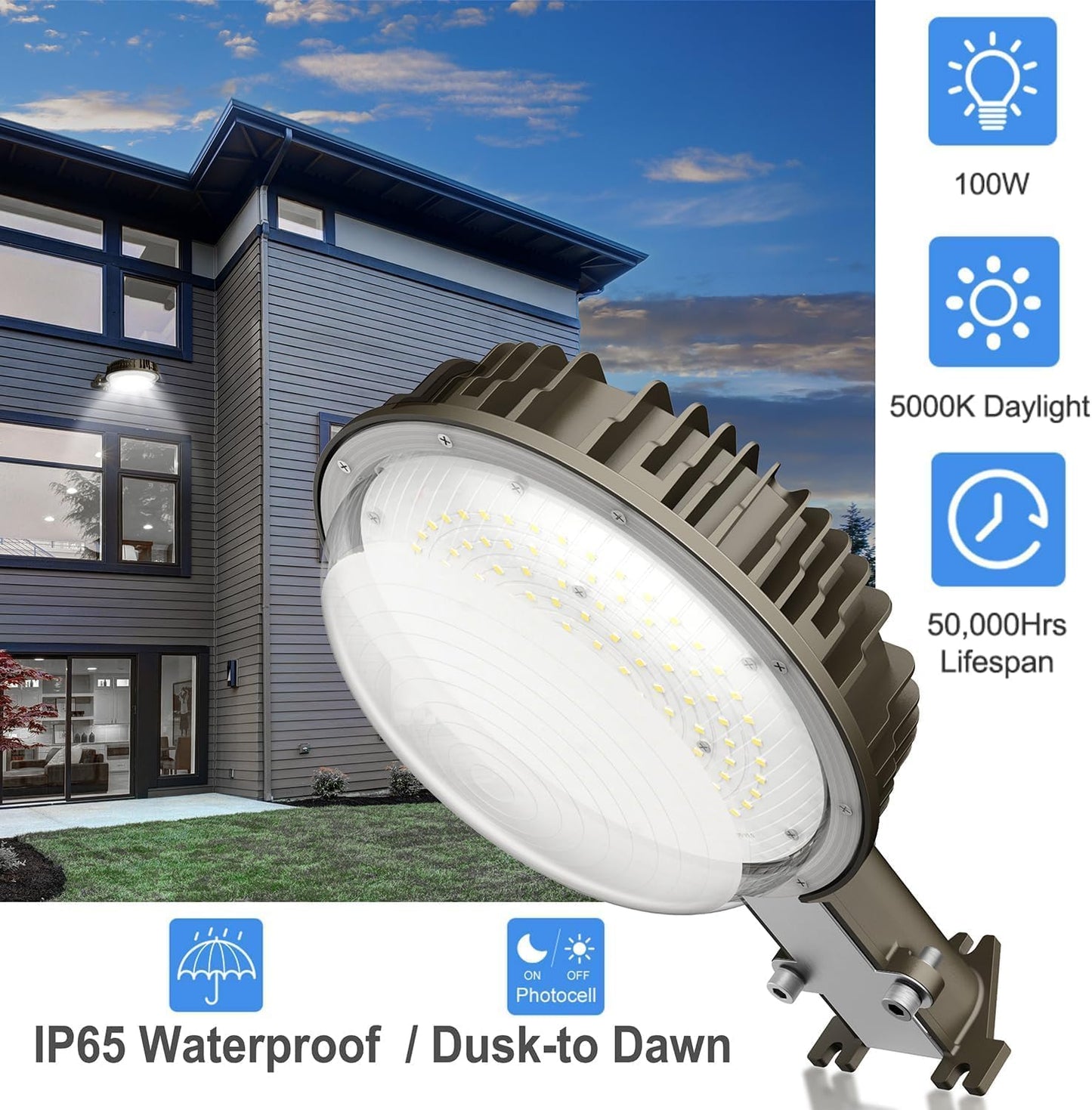 80W LED Barn Light with Photocell, 9600 Lumens, 5000K, 100-277 VAC