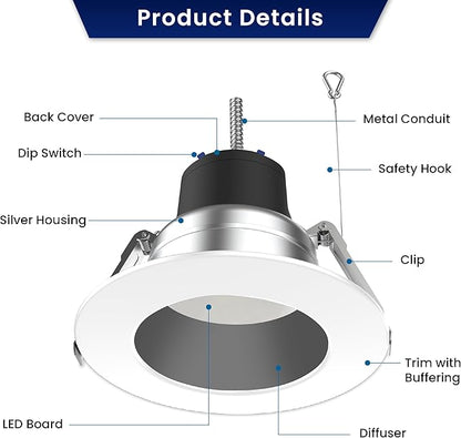 LED Recessed Downlight, 10 Inch, Selectable 40W/30W/20W and 2700K-5000K, 4,000 Lumens, 120-347 VAC