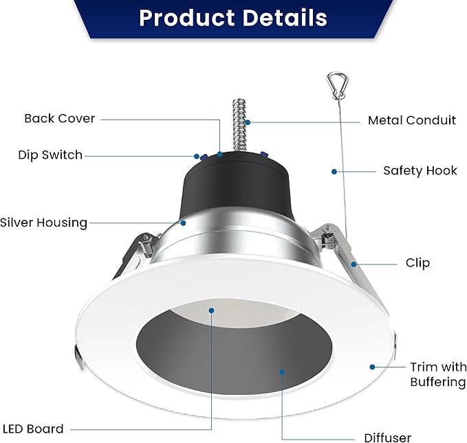 LED Recessed Downlight, 8 Inch, Selectable 36W/27W/18W and CCT 2700K-5000K, 4,000 Lumens, 120-347 VAC