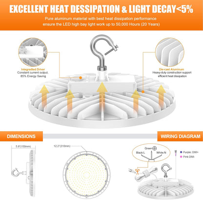 LED UFO High Bay Light, Selectable 240W/200W/150W and CCT 3000K/4000K/5000K, 33,600 Lumens, 100-277 VAC