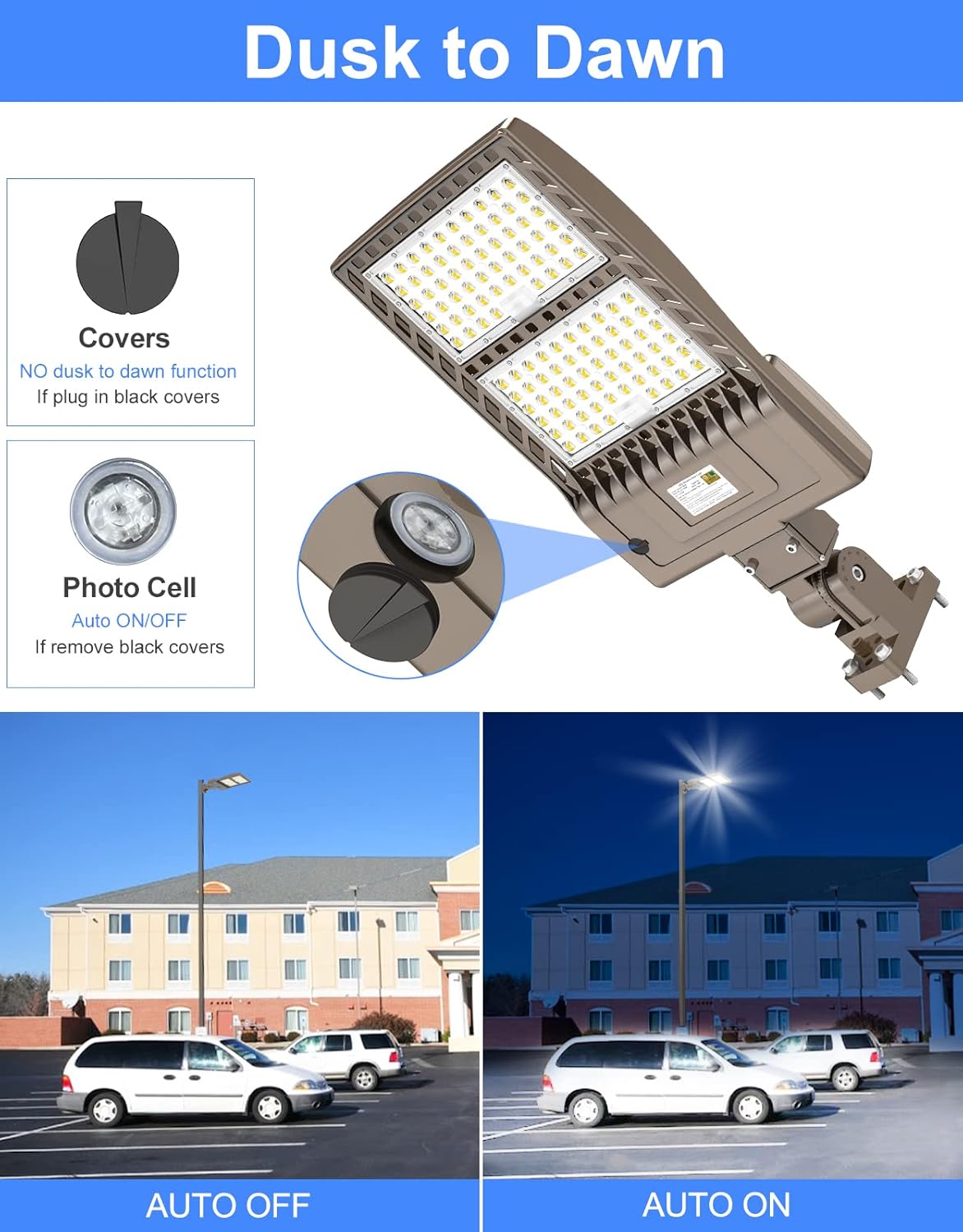 LED Parking Lot Light, 320W, 5000K, 48,000 Lumens, 100-277 VAC, built-in Photocell, Slip-fitter Mount