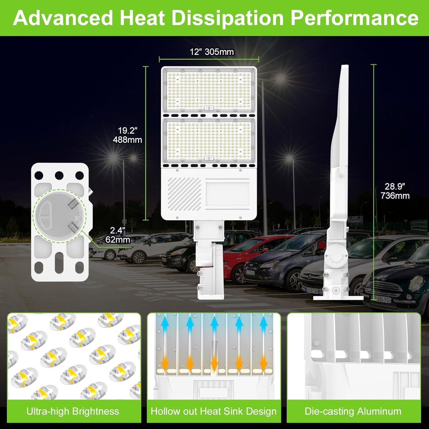LED Parking Lot Light Bracket - White 3-in-1 Adjustable Mount | Direct, Trunnion & Slip Fitter Arm