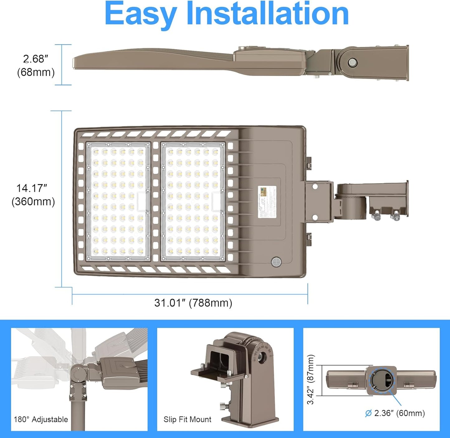 LED Parking Lot Light with Built-in Photocell & Slip Fitter, Selectable 320W/240W/200W, 5000K, 44,800 Lumens