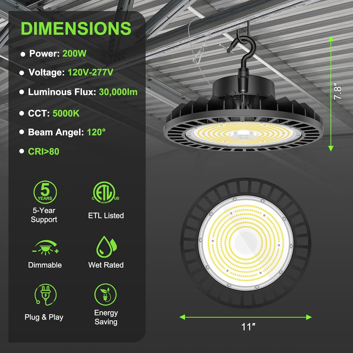 LED UFO High Bay Light, 200W, 30,000 Lumens, 5000K, 100-277 VAC