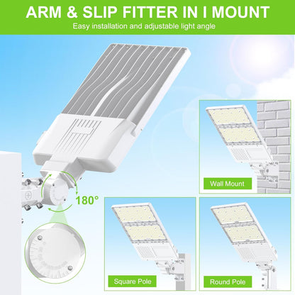 LED Parking Lot Light, Selectable 400W/320W/240W, 5000K, 100-277 VAC, 56,000 Lumens, Built-in Photocell, 3-in-1 Arm