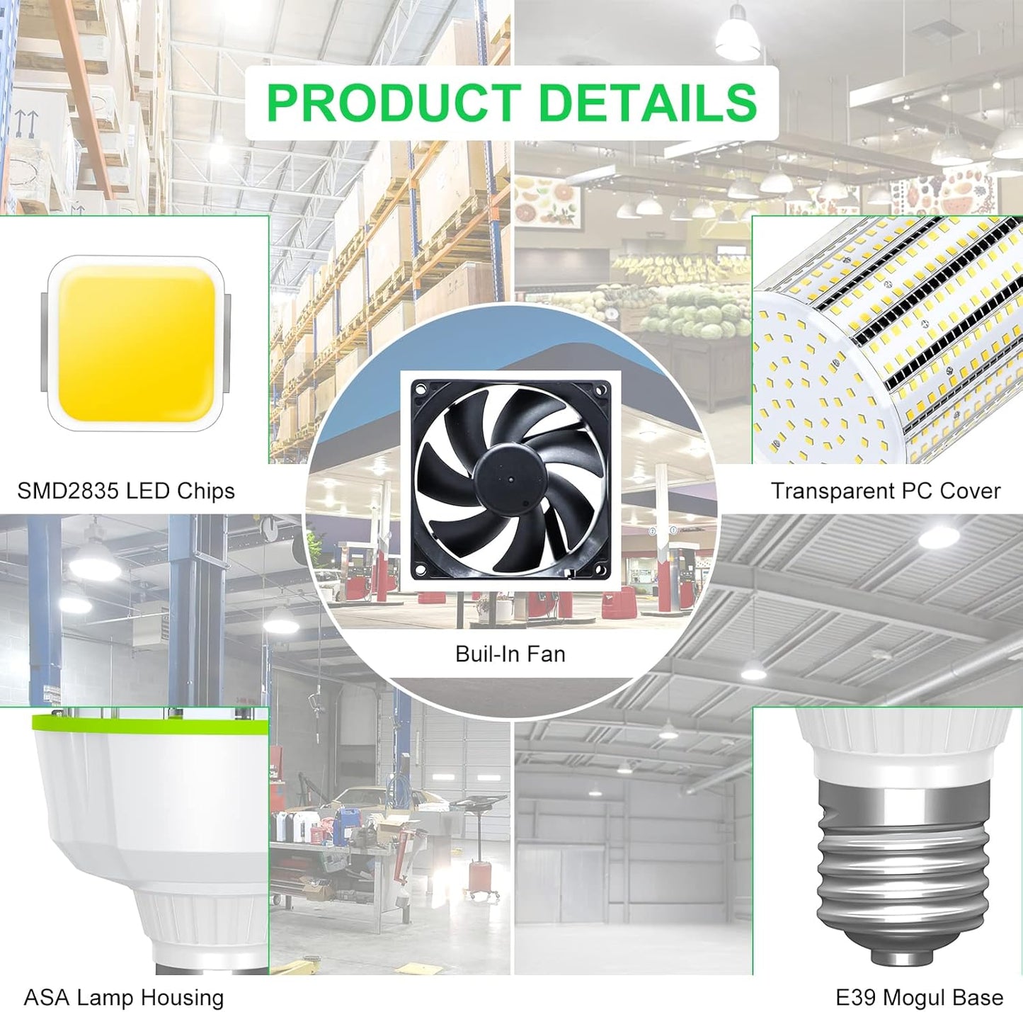 LED Corn Bulb, 100W, 15,500 lumens, 5000K,  E39 Base, 100-277 VAC