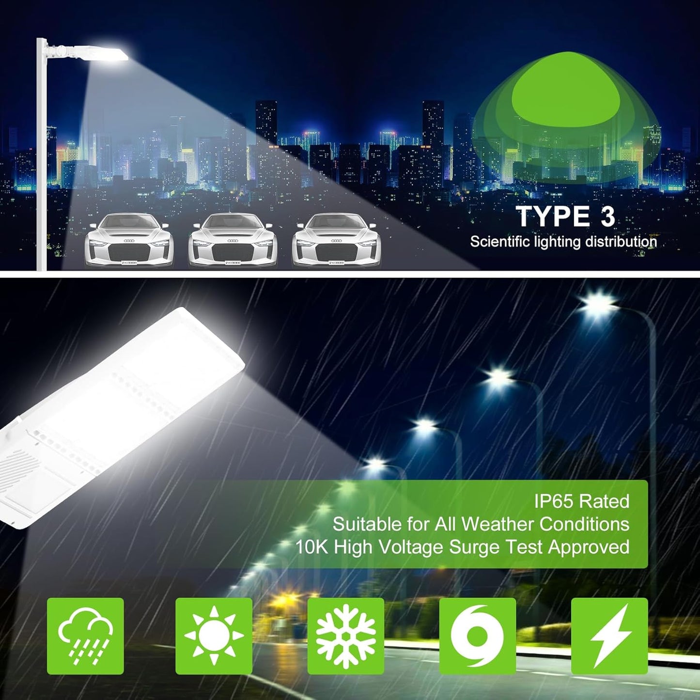 LED Parking Lot Light, Selectable 400W/320W/240W, 5000K, 100-277 VAC, 56,000 Lumens, Built-in Photocell, 3-in-1 Arm
