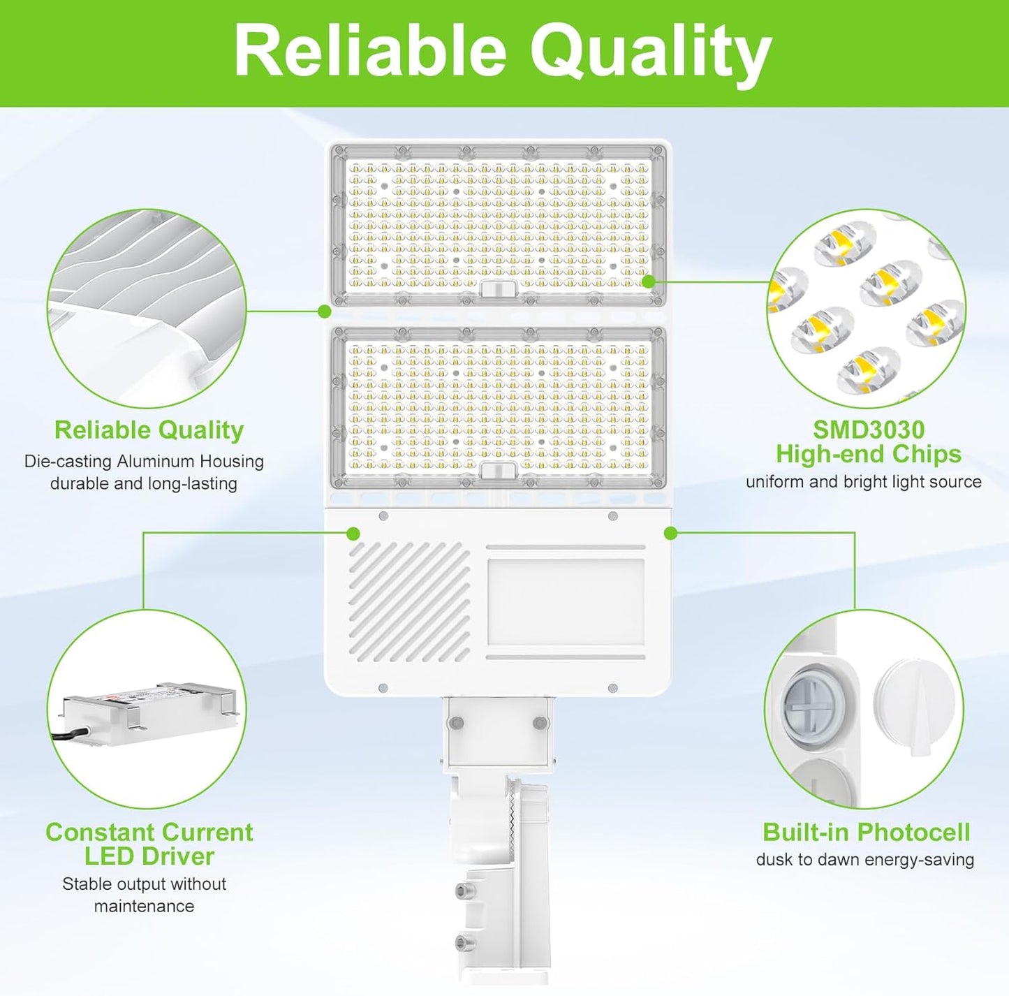 LED Parking Lot Light, Selectable 400W/320W/240W, 5000K, 100-277 VAC, 56,000 Lumens, Built-in Photocell, 3-in-1 Arm