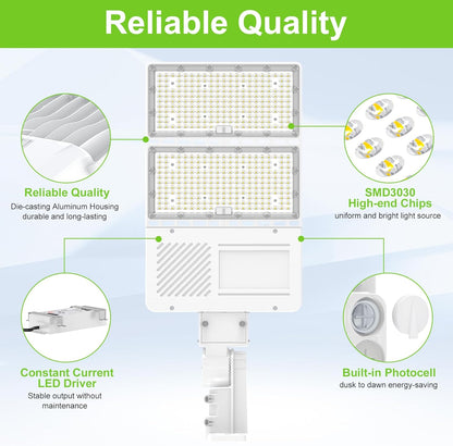 LED Parking Lot Light, Selectable 400W/320W/240W, 5000K, 100-277 VAC, 56,000 Lumens, Built-in Photocell, 3-in-1 Arm