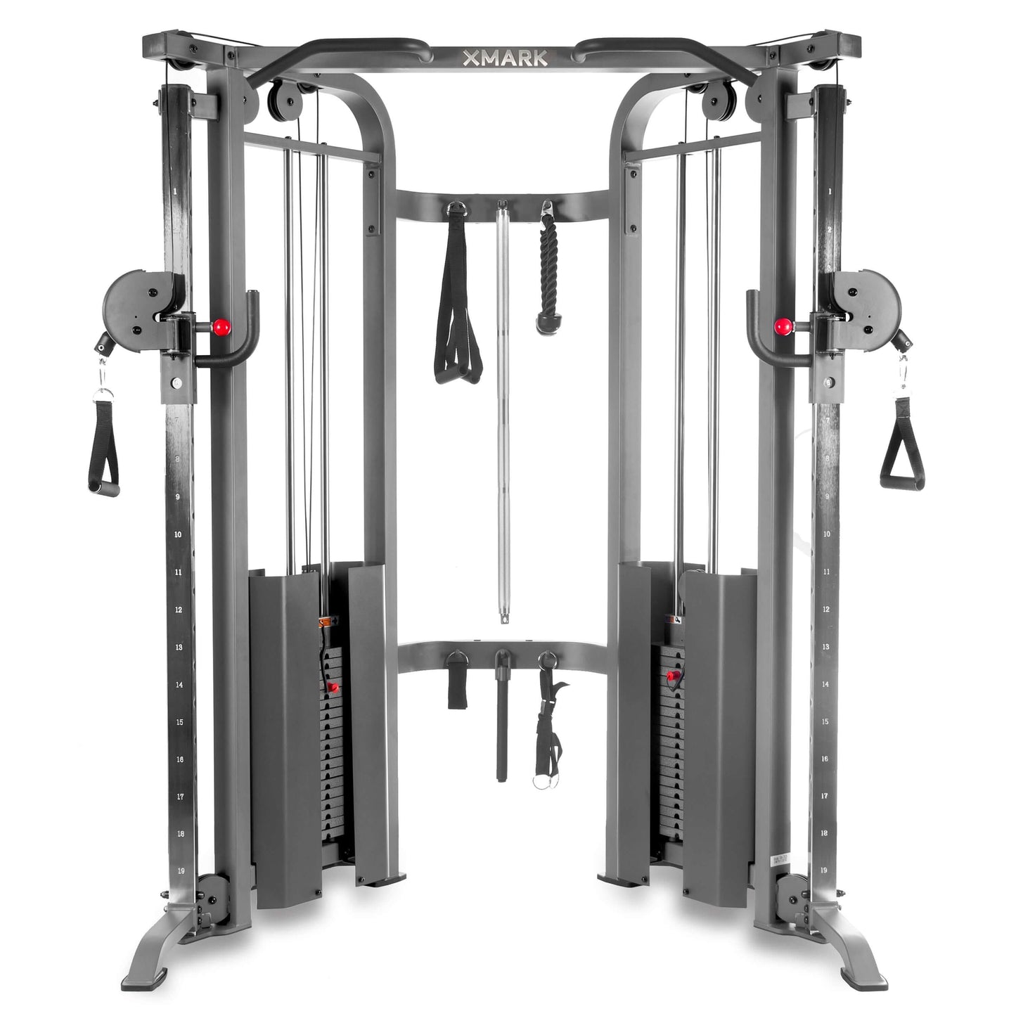 Functional trainer cable machine with dual 200 lb weight stacks and adjustable settings for versatile workouts.