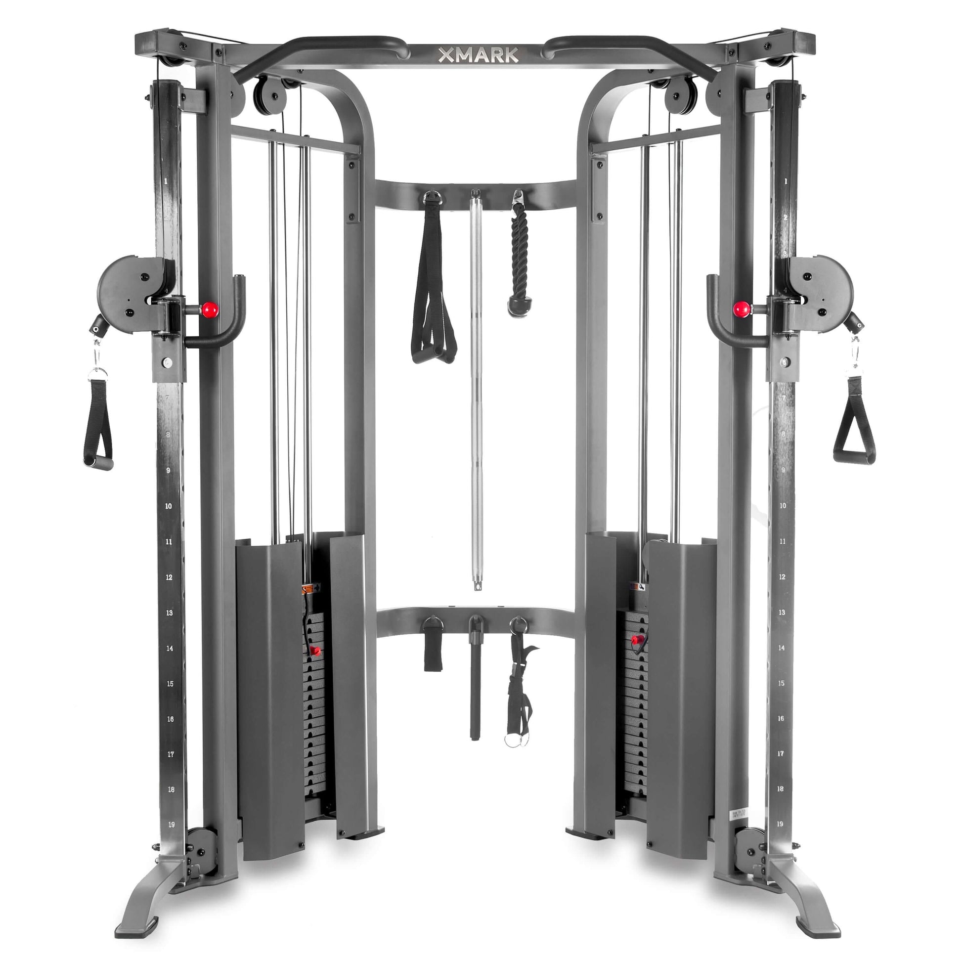 Functional trainer cable machine with dual 200 lb weight stacks and adjustable settings for versatile workouts.
