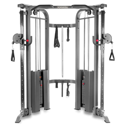 Functional trainer cable machine with dual 200 lb weight stacks and adjustable settings for versatile workouts.