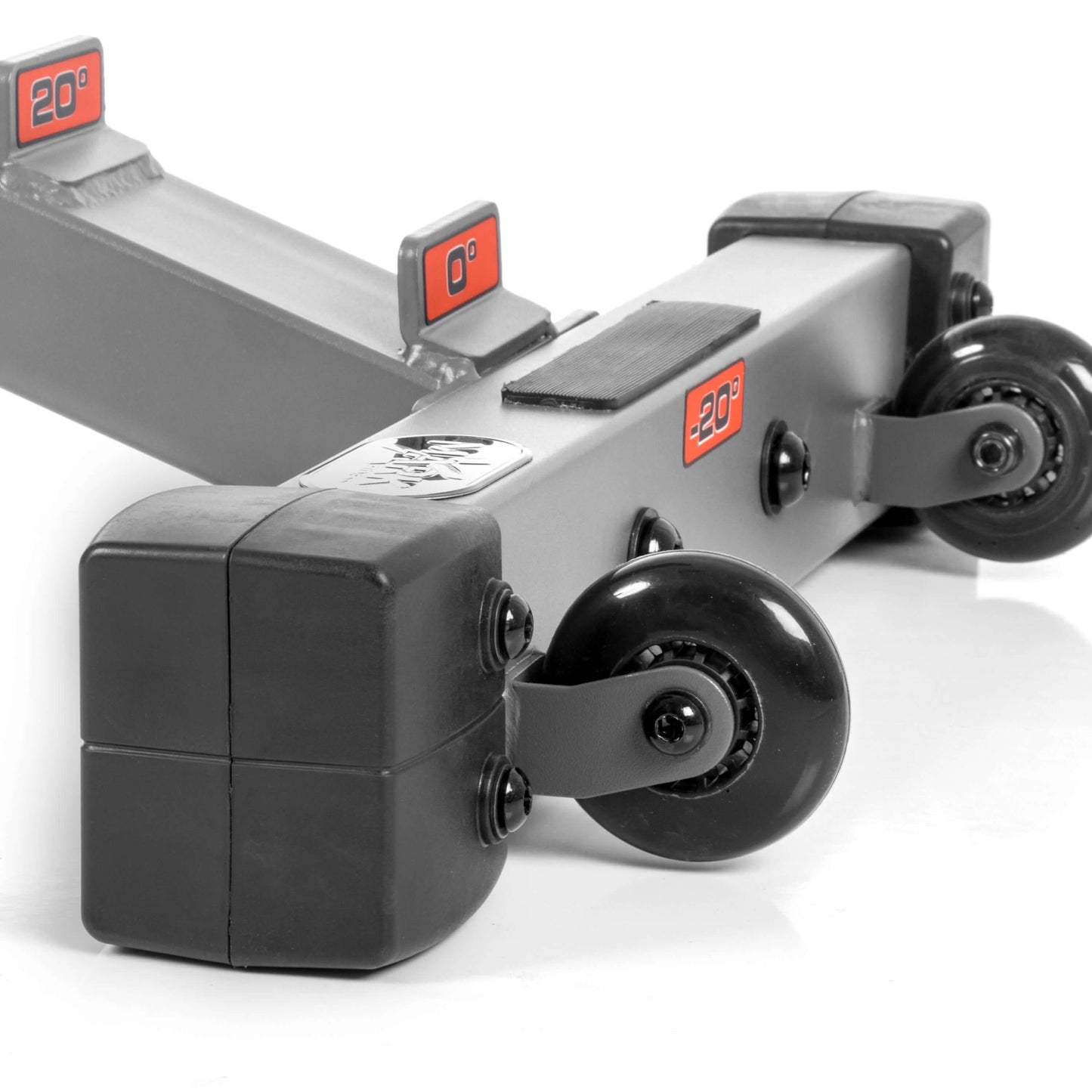 Close-up of Ox Series Adjustable Weight Bench's sturdy base and wheels, featuring adjustable angle indicators for versatility.