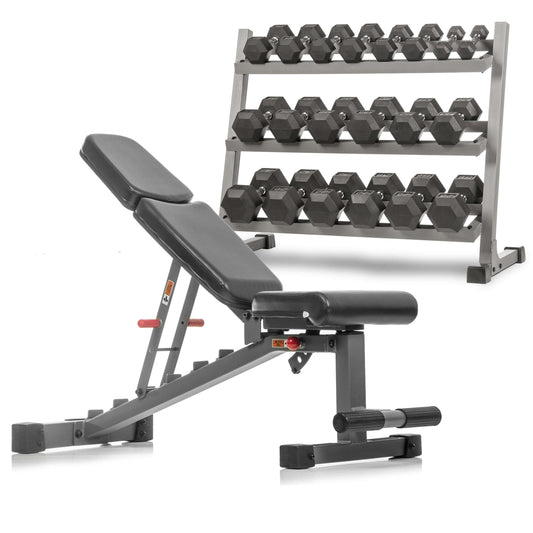 5-50 lb hex dumbbell set with storage rack and adjustable weight bench for home gym setup.