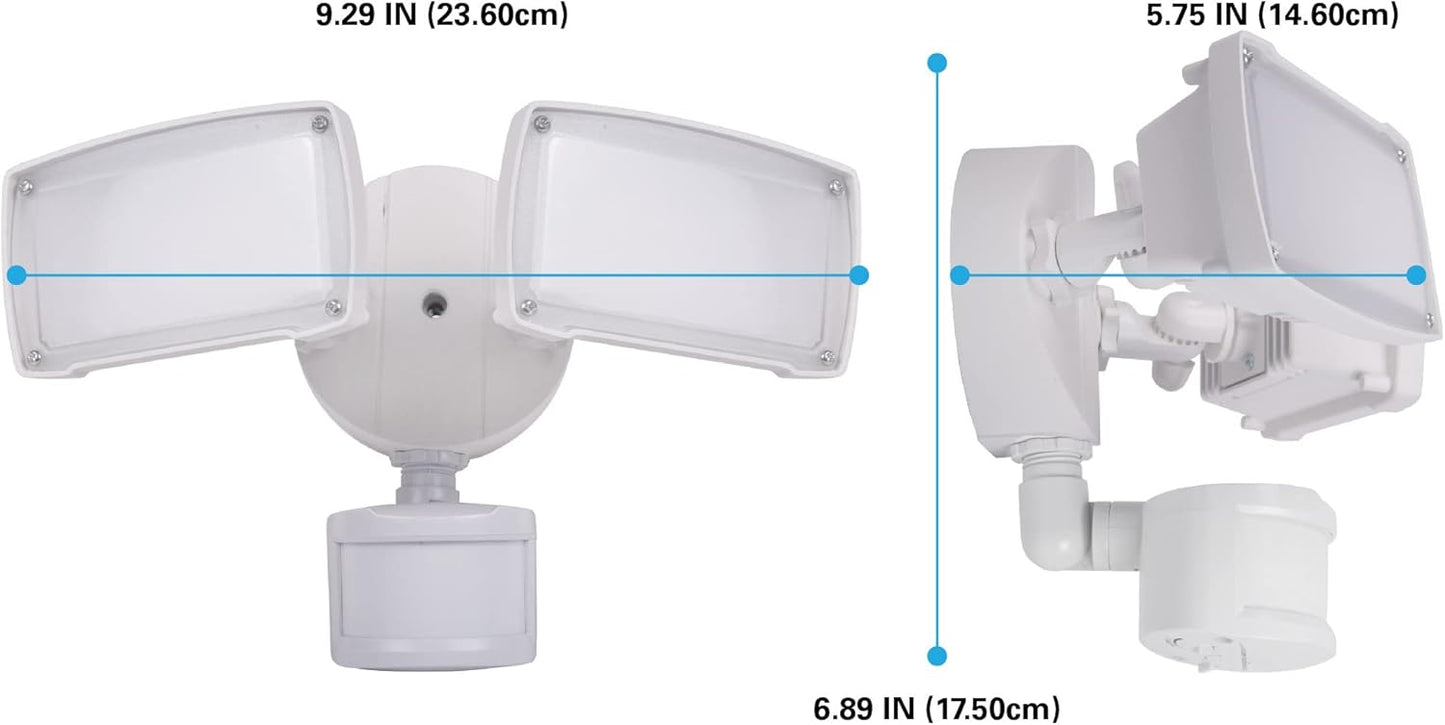 20W IP65 Waterproof LED Security Flood Light with Motion Sensor, 5000K, 1400LM, White, Dual Heads