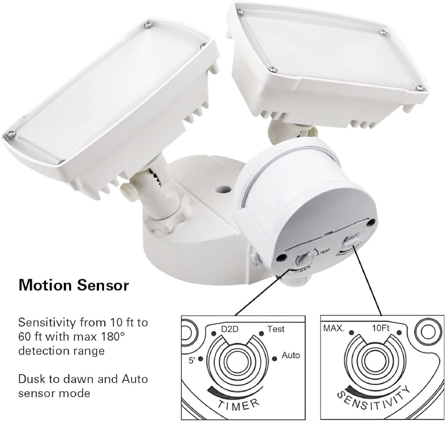 20W IP65 Waterproof LED Security Flood Light with Motion Sensor, 5000K, 1400LM, White, Dual Heads