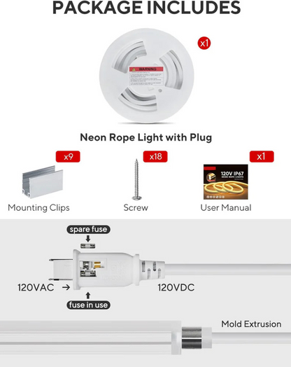 120V, 6500K, IP67 Waterproof Flexible White Outdoor Neon Rope Light Cold Resistant (-40℉)