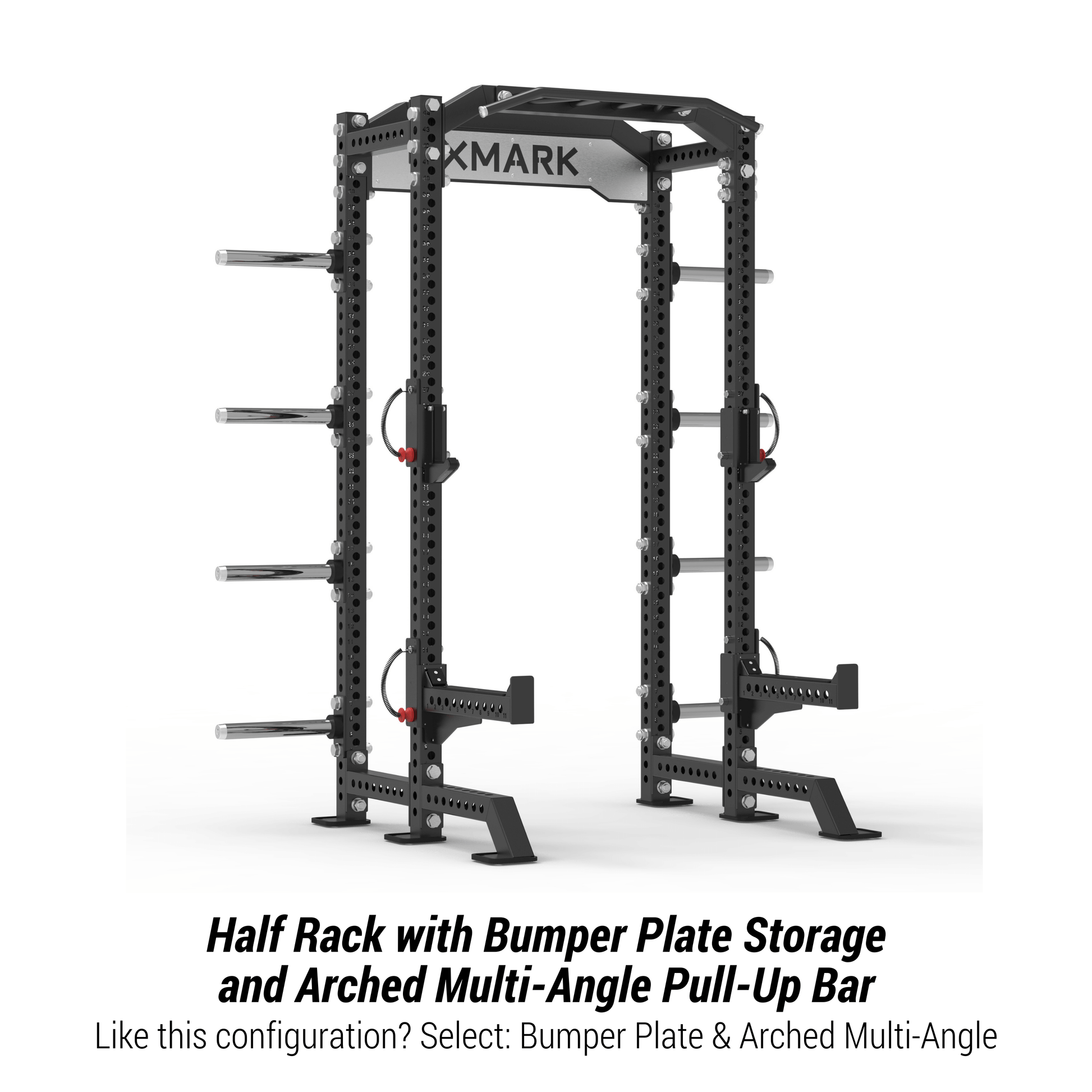 XMARK Viper Half Power Rack showcasing heavy-duty steel design, bumper plate storage, and arched multi-angle pull-up bar.