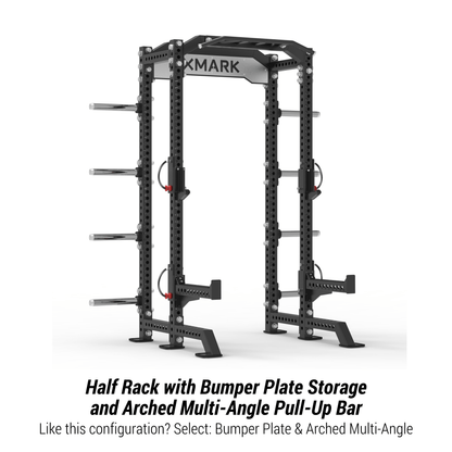 XMARK Viper Half Power Rack showcasing heavy-duty steel design, bumper plate storage, and arched multi-angle pull-up bar.