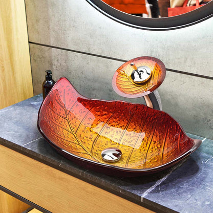 Aquaterior Glass Leaf Sink Basin & Waterfall Faucet Kit