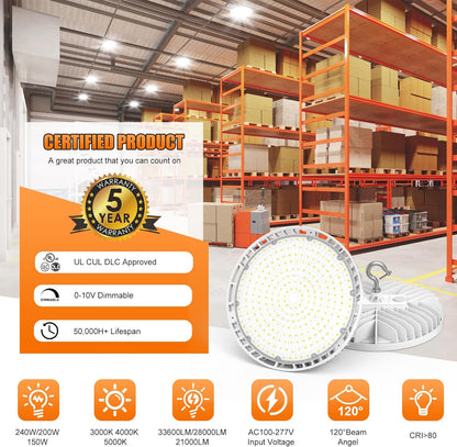 LED UFO High Bay Light, Selectable 240W/200W/150W and CCT 3000K/4000K/5000K, 33,600 Lumens, 100-277 VAC