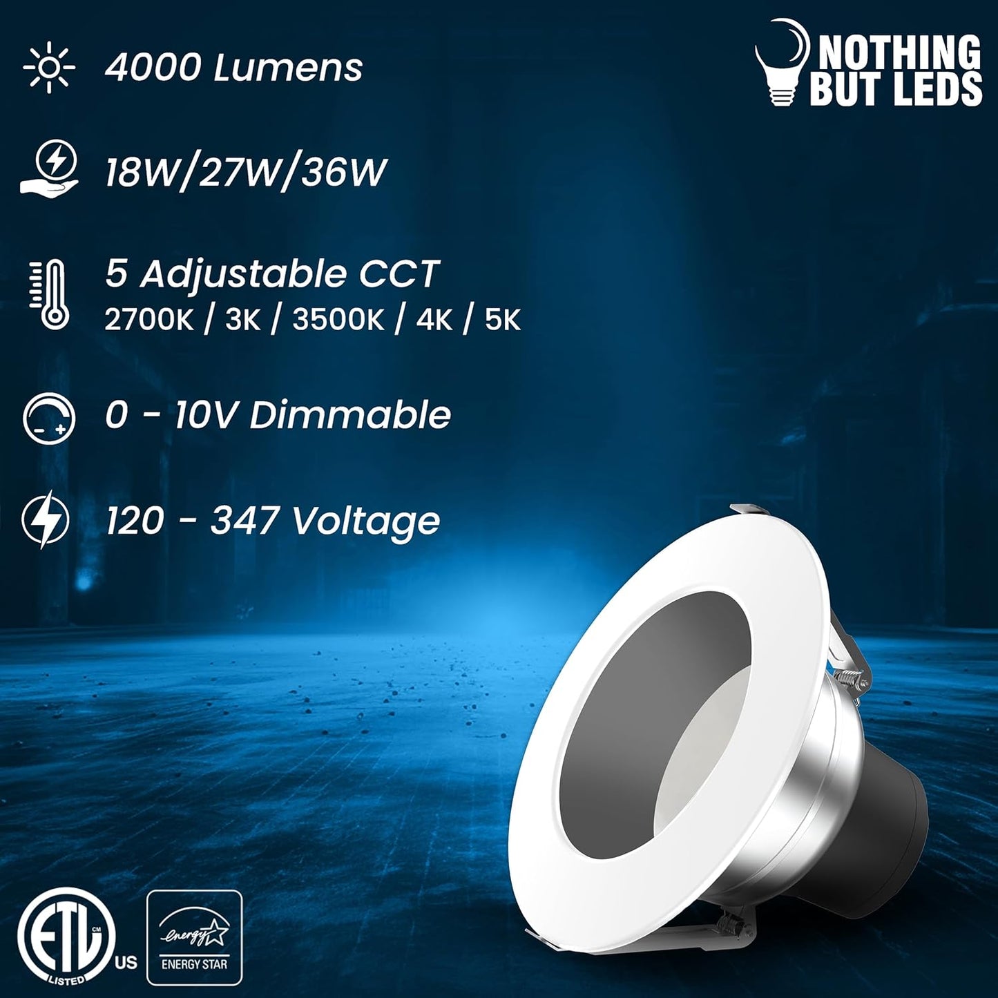 LED Recessed Downlight, 10 Inch, Selectable 40W/30W/20W and 2700K-5000K, 4,000 Lumens, 120-347 VAC