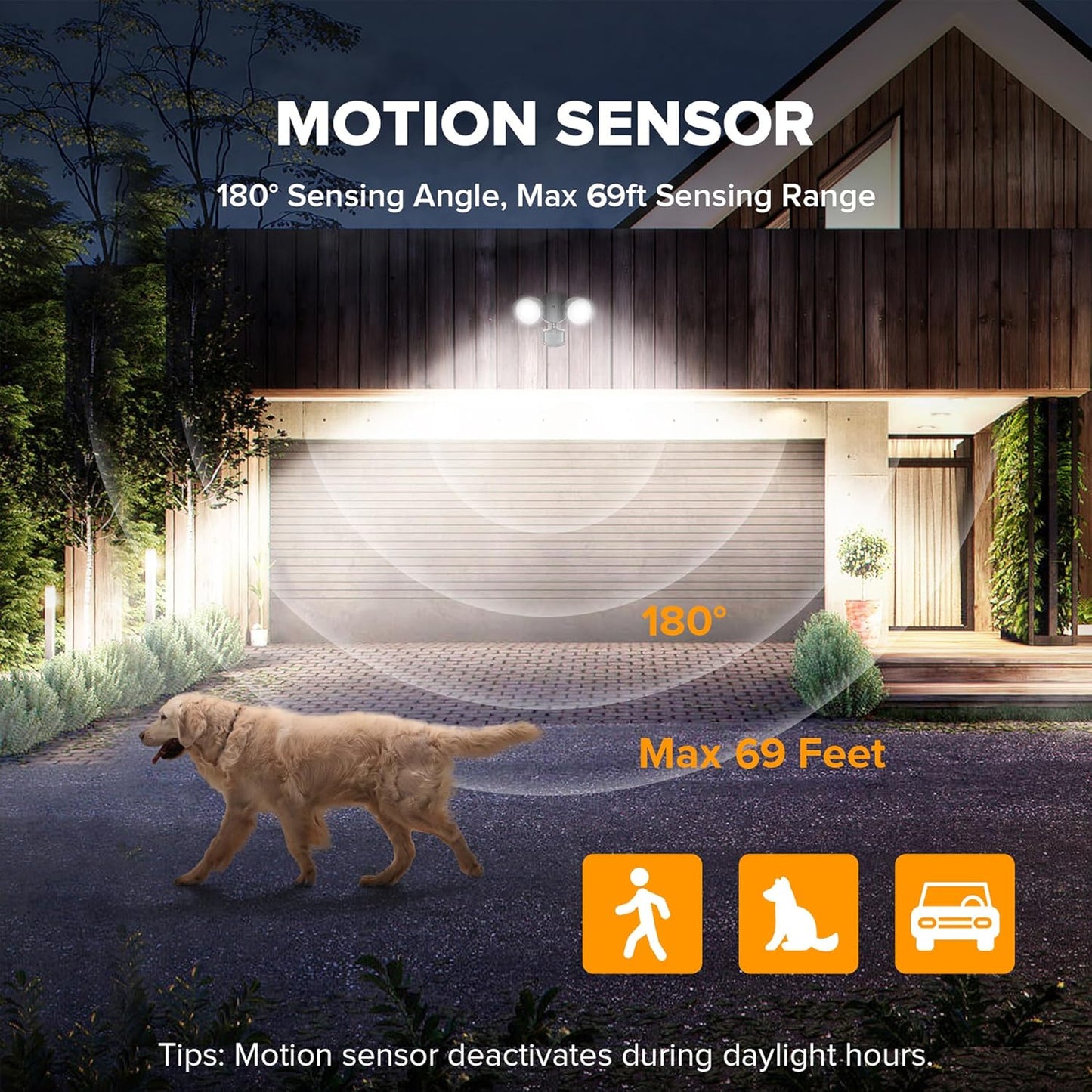 20W Round Twin Heads Motion Sensor Security Light, 1400LM, 5000K, Black
