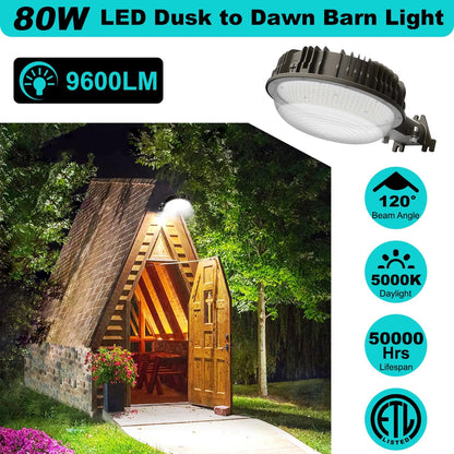 80W LED Barn Light with Photocell, 9600 Lumens, 5000K, 100-277 VAC