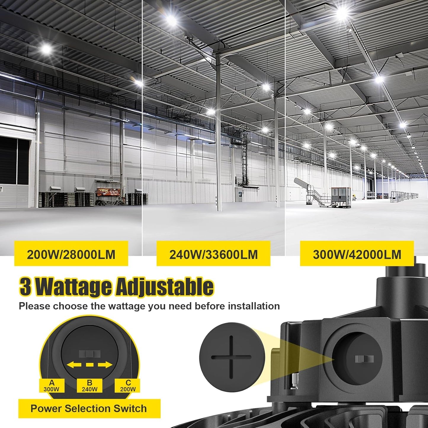 LED UFO High Bay Light with ANT-5-4B sensor base, Selectable 300W/240W/200W, 3500K/4000K/5000K, 45,000 Lumens, 120-277 VAC